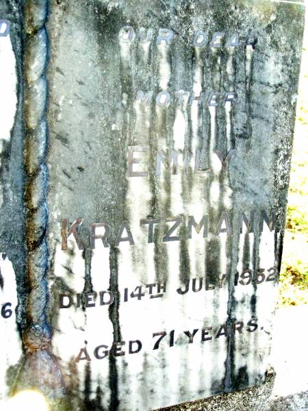 Charles KRATZMANN, husband father,  | died 22 May 1946 aged 67 years;  | Emily KRATZMANN, mother,  | died 14 July 1952 aged 71 years;  | Beerwah Cemetery, City of Caloundra  | 