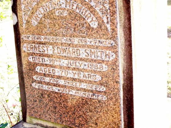 Ernest Edward SMITH, husband father,  | died 10 July 1998 aged 70 years;  | Beerwah Cemetery, City of Caloundra  | 