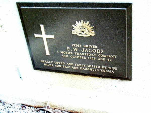F.W. JACOBS,  | died 4 Oct 1929 aged 42 years,  | wife Hilda, son Eric, daughter Norma;  | Beerwah Cemetery, City of Caloundra  | 