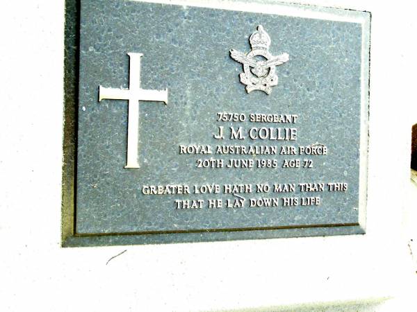 J.M. COLLIE,  | died 20 June 1985 aged 72 years;  | Beerwah Cemetery, City of Caloundra  | 