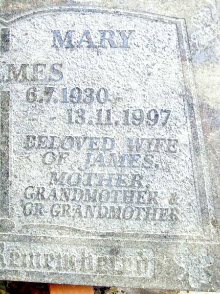James HOLMES,  | 2-5-1926 - 12-2-1994,  | husband of Mary,  | father grandfather;  | Mary HOLMES,  | 6-7-1930 - 13-11-1997,  | wife of James,  | mother grandmother great-grandmother;  | Beerwah Cemetery, City of Caloundra  | 