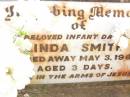 
Linda SMITH,
infant daughter,
died 3 May 1962 aged 3 days;
Bell cemetery, Wambo Shire
