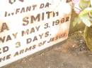 
Linda SMITH,
infant daughter,
died 3 May 1962 aged 3 days;
Bell cemetery, Wambo Shire
