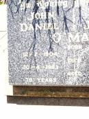 
John Daniel OMAY,
born 12-2-1904,
died 30-4-1983 aged 79 years;
Ellen Josephine OMAY,
born 12-4-1906,
died 30-1-1983 aged 76 years;
Bell cemetery, Wambo Shire
