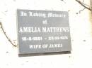 
James MATTHEWS,
husband father,
died 3 Aug 1918 aged 45 years;
Trevor, son of S.T. & I. BELLINGHAM,
died 14 Nov 1944 aged 8 12 months;
Amelia MATTHEWS,
wife of James,
18-8-1881 - 25-10-1974;
Bell cemetery, Wambo Shire
