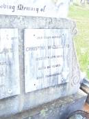 
John MCLELLAND,
husband father,
died 27 Jan 1928 aged 78 years;
Christina MCLELLAND,
mother,
died 12 Apr 1943 aged 84 years;
Bell cemetery, Wambo Shire
