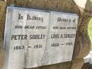 
Peter SORLEY,
father,
1863 - 1931;
Lois A. SORLEY,
mother,
1869 - 1935;
Bell cemetery, Wambo Shire
