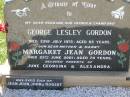 
George Lesley GORDON,
husband father grand-dad,
died 22 July 1975 aged 65 years;
Margaret Jean GORDON,
mother nanny,
died 25 June 2001 aged 70 years;
parents of June, Georgina & Alexandra;
dad of Jean, Joan, John & Robert;
Bell cemetery, Wambo Shire
