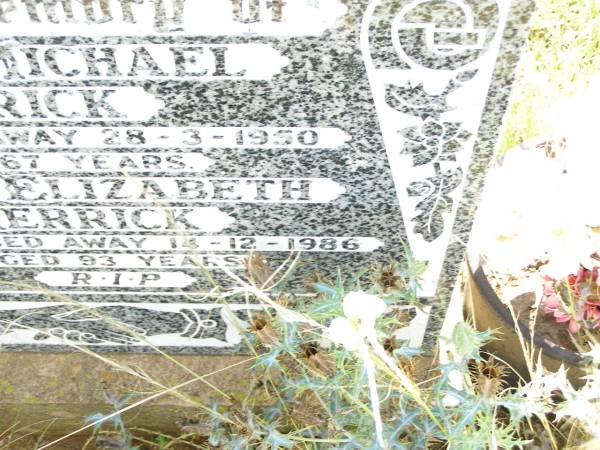 Joseph Michael HERRICK,  | died 28-3-1950 aged 67 years;  | Lilly Elizabeth HERRICK,  | died 14-12-1986 aged 93 years;  | Bell cemetery, Wambo Shire  | 