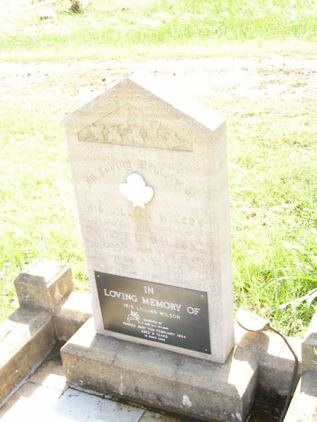 Iris Lillian WILSIN,  | daughter of G.G. & A.L. WILSON,  | died 10 Feb 1924 aged 9 years;  | Bell cemetery, Wambo Shire  | 