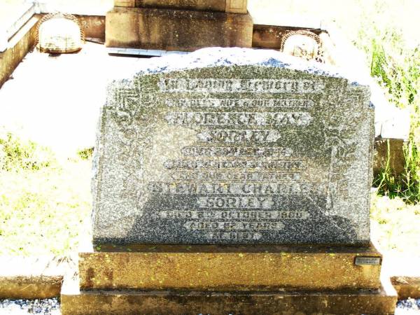 Florence May SORLEY,  | wife mother,  | died 29 Dec 1944 aged 31 years 9 months;  | Stewart Charles SORLEY,  | father,  | died 6 Oct 1960? aged 52? years;  | Bell cemetery, Wambo Shire  | 