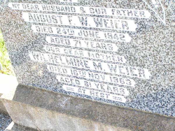 August F.W. WEIER,  | husband father,  | died 24 June 1942 aged 71 years;  | Wilhelmine M. WEIER,  | mother,  | died 16 Nov 1963 aged 81 years;  | Bell cemetery, Wambo Shire  | 