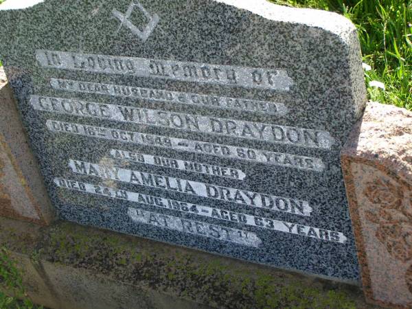 George Wilson DRAYDON,  | husband father,  | died 16 Oct 1949 aged 60 years;  | Mary Amelia DRAYDON,  | mother,  | died 24 Aug 1964 aged 63 years;  | Bell cemetery, Wambo Shire  | 
