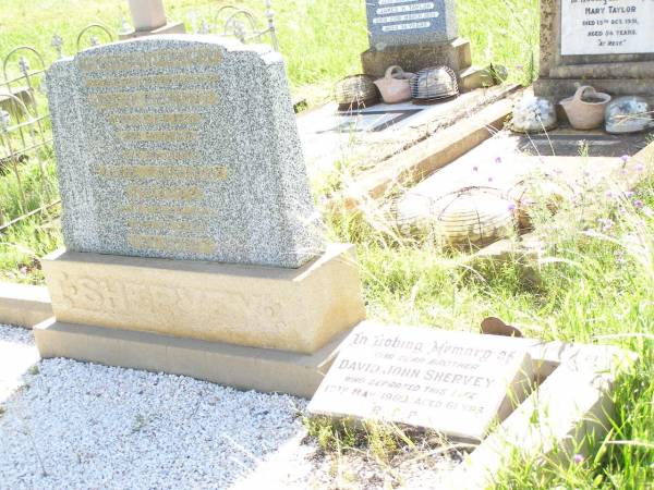 David SHERVEY,  | husband father,  | died 2 Feb 1943 aged 74 years;  | Annie Catherine SHERVEY,  | mother,  | died 17 Sept 1963 aged 83 years;  | David John SHERVEY,  | brother,  | died 17 May 1969 aged 61 years;  | Bell cemetery, Wambo Shire  | 