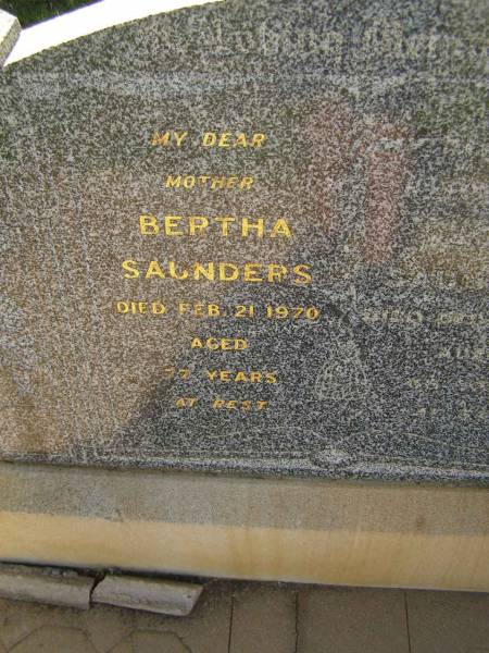 Bertha SAUNDERS,  | mother,  | died 21 Feb 1970 aged 77 years;  | John SAUNDERS,  | died 11 Dec 1959 aged 66 years;  | Bell cemetery, Wambo Shire  | 