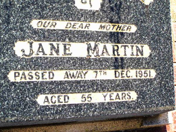 Jane MARTIN,  | mother,  | died 7 Dec 1951 aged 55 years;  | Bell cemetery, Wambo Shire  | 