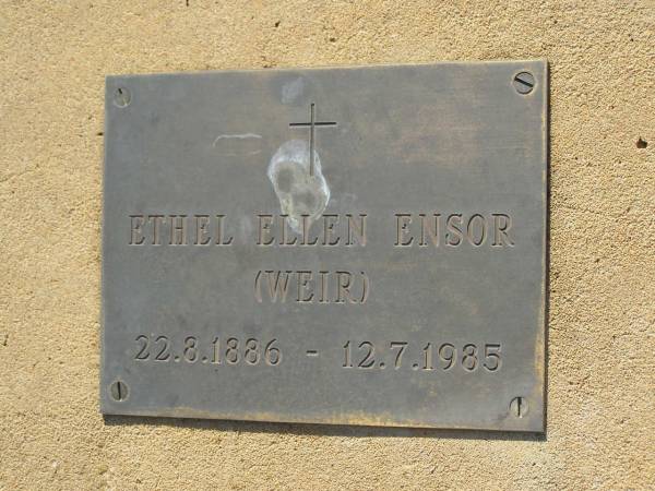 Ethel Ellen ENSOR (WEIR),  | 22-8-1886 - 12-7-1985;  | Harry Loader ENSOR,  | died 6 Jan 1965 aged 83 years,  | husband of Ethel Ellen;  | Bell cemetery, Wambo Shire  | 