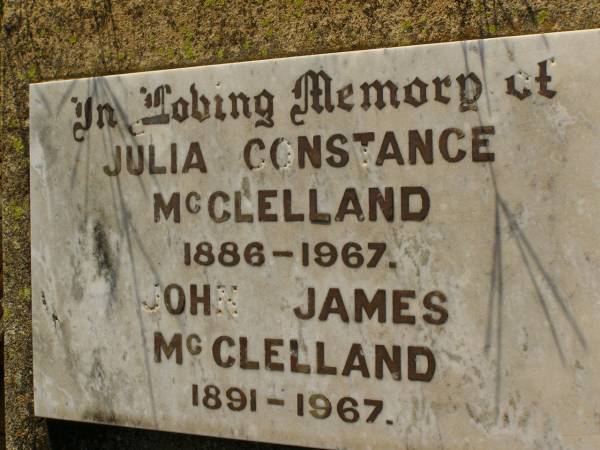 Julia Constance MCCLELLAND,  | 1886 - 1967;  | John James MCCLELLAND,  | 1891 - 1967;  | Bell cemetery, Wambo Shire  | 
