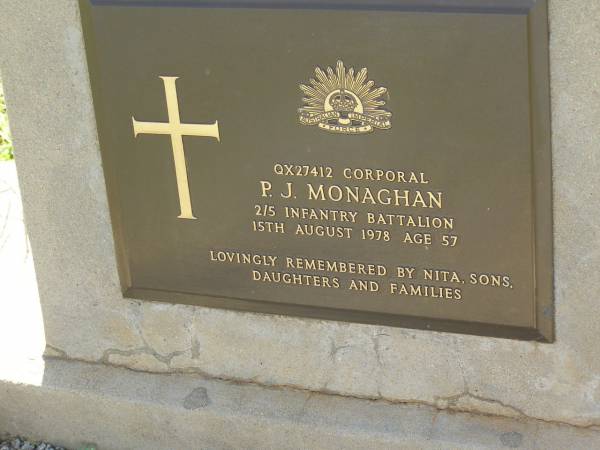 P.J. MONAGHAN,  | died 15 Aug 1978 aged 57 years,  | remembered by Nita, sons, daughters & families;  | Bell cemetery, Wambo Shire  | 