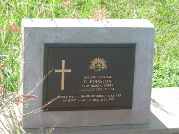 G.JOHNSTON,  | died 17 July 2002 aged 84 years,  | husband of Shirley,  | father of Jenny, Heather, Dell & Calvin;  | Bell cemetery, Wambo Shire  | 
