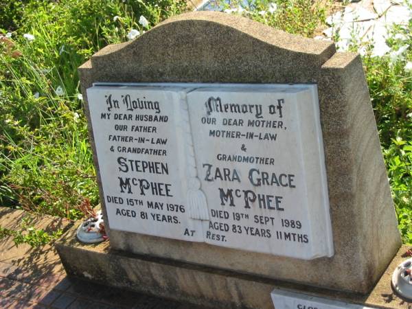 Stephen MCPHEE,  | husband father father-in-law grandfather,  | died 15 May 1976 aged 81 years;  | Zara Grace MCPHEE,  | mother mother-in-law grandmother,  | died 19 Sept 1989 aged 83 years 11 months;  | remembered by son Lester (Mick);  | Bell cemetery, Wambo Shire  | 