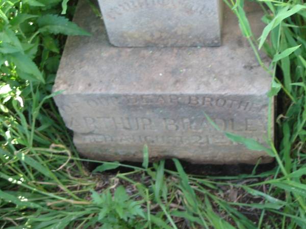 Arthur BRADLEY,  | brother,  | died 21 August 1905;  | Bell cemetery, Wambo Shire  | 