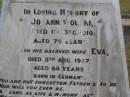 Johann WOLSKI, father,
died 1 Dec 1910 aged 70 years;
Eva, wife mother,
died 5 Aug 1927 aged 84 years;
born in Germany;
Bergen Djuan cemetery, Crows Nest Shire