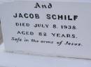 
Fredrick Wilhelm SCHILF,
born 28 June 1890 Brisbane,
died 5 May 1917 Bergen aged 26 years
[Frederick W. SCHILF,
died 7 May 1917 aged 26];
Rose SCHILF,
died 14 Feb 1944 aged 87 years
[Rose SCHILF, died 16 Feb 1944 aged 87];
Jacob SCHILF,
died 8 July 1938 aged 82 years
[Jacob SCHILF, died 10 July 1938 aged 83];
Bergen Djuan cemetery, Crows Nest Shire
