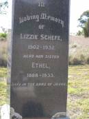 Lizzie SCHEFE, 1902 - 1932;
Ethel, sister, 1888 - 1933;
Maria F. SCHEFE, mother,
1861 - 1946;
Frederick M.C. SCHEFE, father,
1859 - 1940,
erected by wife & family;
Bergen Djuan cemetery, Crows Nest Shire
