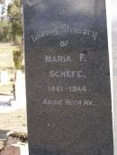 Lizzie SCHEFE, 1902 - 1932;
Ethel, sister, 1888 - 1933;
Maria F. SCHEFE, mother,
1861 - 1946;
Frederick M.C. SCHEFE, father,
1859 - 1940,
erected by wife & family;
Bergen Djuan cemetery, Crows Nest Shire