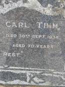 Elizabeth TIMM,
died 14 Nov 1947 aged 76 years;
Carl TIMM,
died 30 Sept 1938 aged 70 years;
Bergen Djuan cemetery, Crows Nest Shire