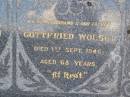 Elise A. WOLSKI, mother,
died 5 April 1974 aged 98 years;
Gottfried WOLSKI, husband father,
died 1 Sept 1946 aged 68 years;
Bergen Djuan cemetery, Crows Nest Shire