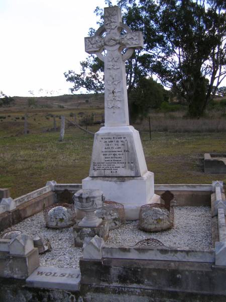 Johann WOLSKI, father,  | died 1 Dec 1910 aged 70 years;  | Eva, wife mother,  | died 5 Aug 1927 aged 84 years;  | born in Germany;  | Bergen Djuan cemetery, Crows Nest Shire  | 