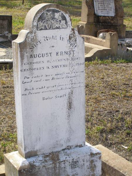 August ERNST,  | born 11 Aug 1902 died 9 Nov 1930;  | Bergen Djuan cemetery, Crows Nest Shire  | 