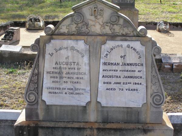 Augusta, wife of Herman JANNUSCH,  | died 20 Nov 1932 aged 55 years,  | erected by husband & children;  | Herman JANNUSCH,  | husband of Augusta JANNUSCH,  | died 22 June 1944 aged 72 years;  | Bergen Djuan cemetery, Crows Nest Shire  | 