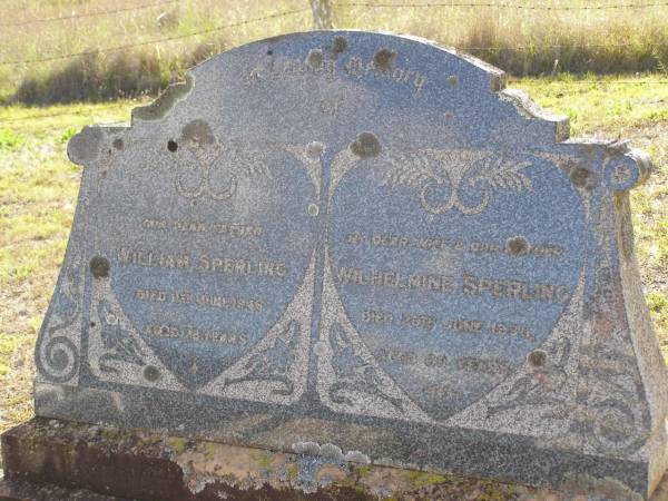 William SPERLING, father,  | died 11 June 1946 aged 78 years;  | Wilhelmine SPERLING, wife mother,  | died 20 June 1938 aged 69 years;  | Bergen Djuan cemetery, Crows Nest Shire  | 