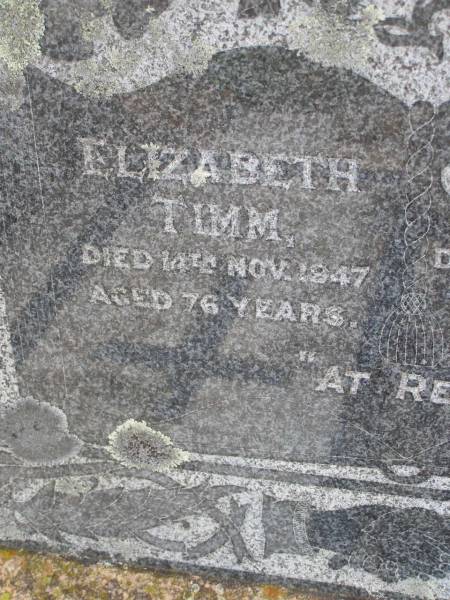 Elizabeth TIMM,  | died 14 Nov 1947 aged 76 years;  | Carl TIMM,  | died 30 Sept 1938 aged 70 years;  | Bergen Djuan cemetery, Crows Nest Shire  | 
