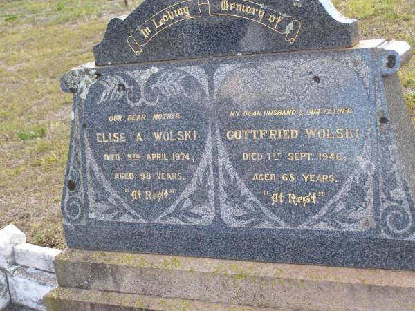 Elise A. WOLSKI, mother,  | died 5 April 1974 aged 98 years;  | Gottfried WOLSKI, husband father,  | died 1 Sept 1946 aged 68 years;  | Bergen Djuan cemetery, Crows Nest Shire  | 