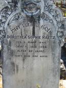 Dorothea Sophie RAETZ
geb 2 Marz 1840
ges 5 Julie 1922
alter 82 jahre
Bethania (Lutheran) Bethania, Gold Coast