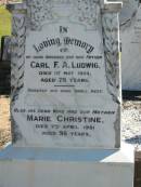 Carl F A LUDWIG
10 May 1924
aged 78
wife
Marie Christine (LUDWIG)
7 Apr 1951
aged 95
Bethania (Lutheran) Bethania, Gold Coast