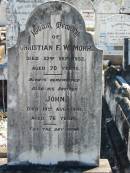 Christian F W MOHR
22 Sep 1932
aged 70
brother John (MOHR)
19 Aug 1941
aged 76
Bethania (Lutheran) Bethania, Gold Coast