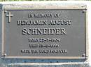 Benjamin August SCHNEIDER
B: 25 Jul 1904
D: 25 May 1996
Bethania (Lutheran) Bethania, Gold Coast