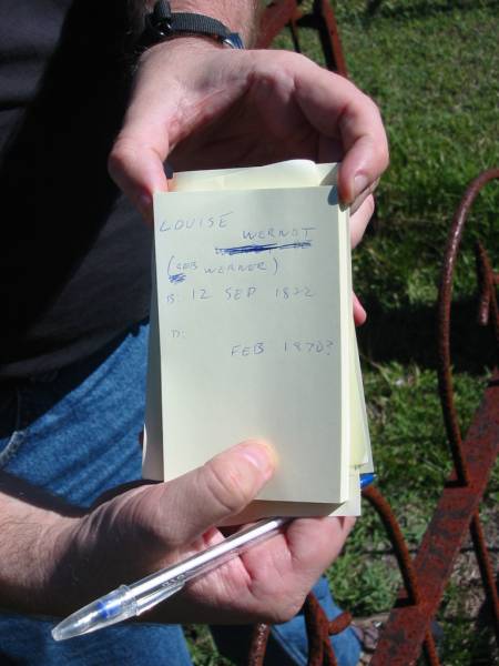 Louise WERNDT  | (geb Werner?)  | B 12 Sep 1822  | D: ? Feb 1870?  |   | Bethania (Lutheran) Bethania, Gold Coast  | 