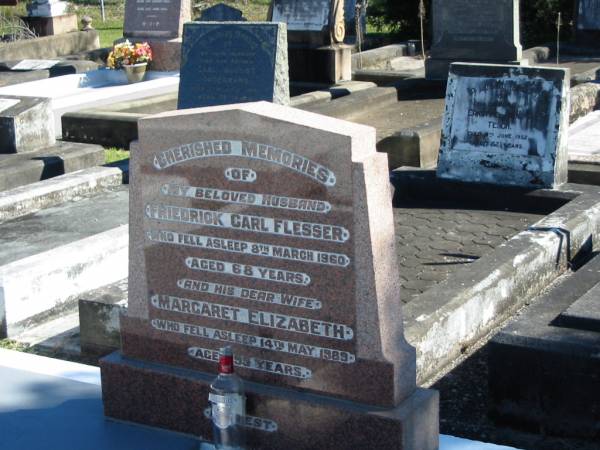 Friedrick Carl FLESSER  | 8 Mar 1960  | aged 68  |   | wife  | Margaret Elizabeth  | 14 May 1989  | aged 99  |   | Bethania (Lutheran) Bethania, Gold Coast  | 
