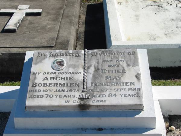 (husband) Archie BOBERMIEN  | 10 Jan 1975  | aged 70  |   | (wife) Ethel May BOBERMIEN  | 27 Sep 1985  | aged 84  |   | Bethania (Lutheran) Bethania, Gold Coast  | 