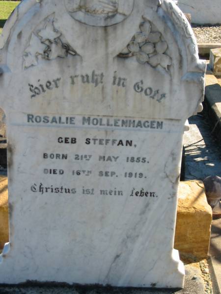 Rosalie MOLLENHAGEN  | geb STEFFAN  | B: 21 May 1855  | D: 16 Sep 1919  |   | Bethania (Lutheran) Bethania, Gold Coast  | 