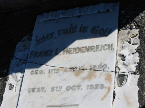Franz L HEIDENREICH  | geb 11 Apr 1850  | gest 5 Oct 1928  |   | Bethania (Lutheran) Bethania, Gold Coast  | 