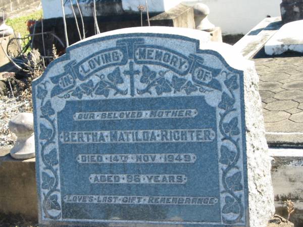 Bertha Matilda RICHTER  | 14 Nov 1949  | aged 96  |   | Bethania (Lutheran) Bethania, Gold Coast  | 