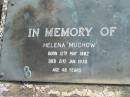Helena MUCHOW
B: 12 May 1882
D: 21 Jan 1930
aged 48
Bethel Lutheran Cemetery, Logan Reserve (Logan City)