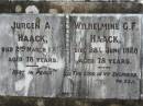 Jurgen A HAACK
2 Mar 1925
aged 78
Wilhelmine G F HAACK
28 Jun 1928
aged 78
Bethel Lutheran Cemetery, Logan Reserve (Logan City)